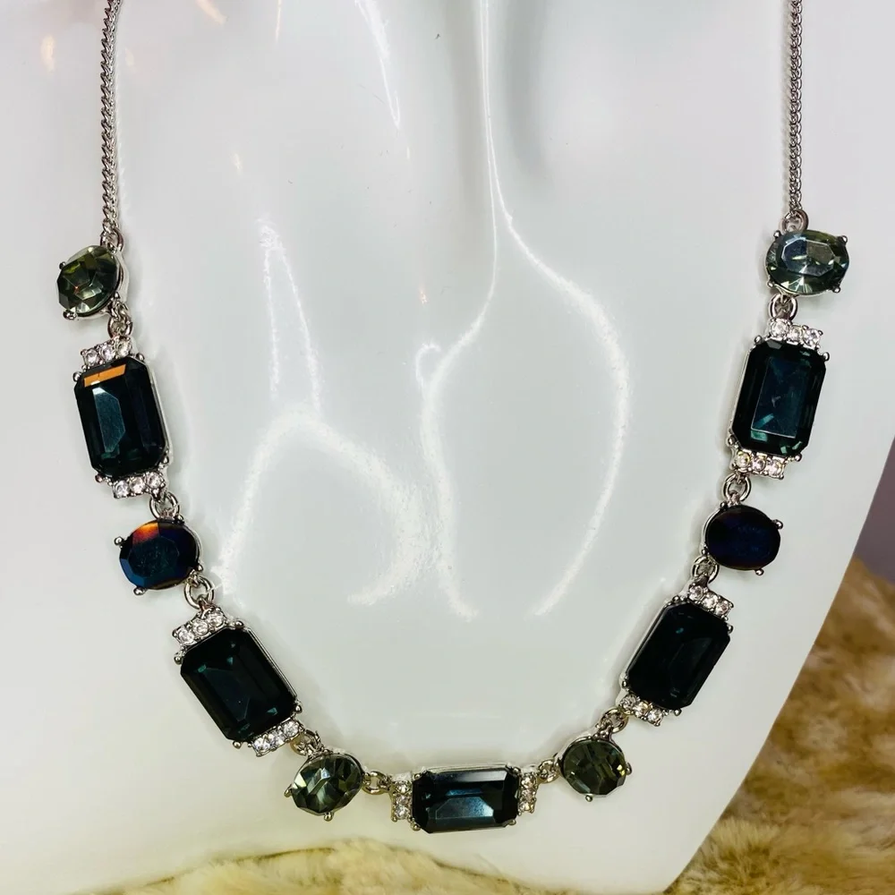 Givenchy Pave Blue Stone Crystal Accent Silver Tone Collar Necklace
